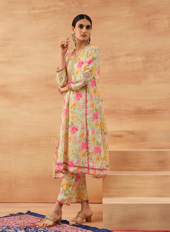 ISHIN Women's Multicolour Cotton Cambric Printed Tunic Top With Ankle Palazzo Flared 2 Peice Kurta Set