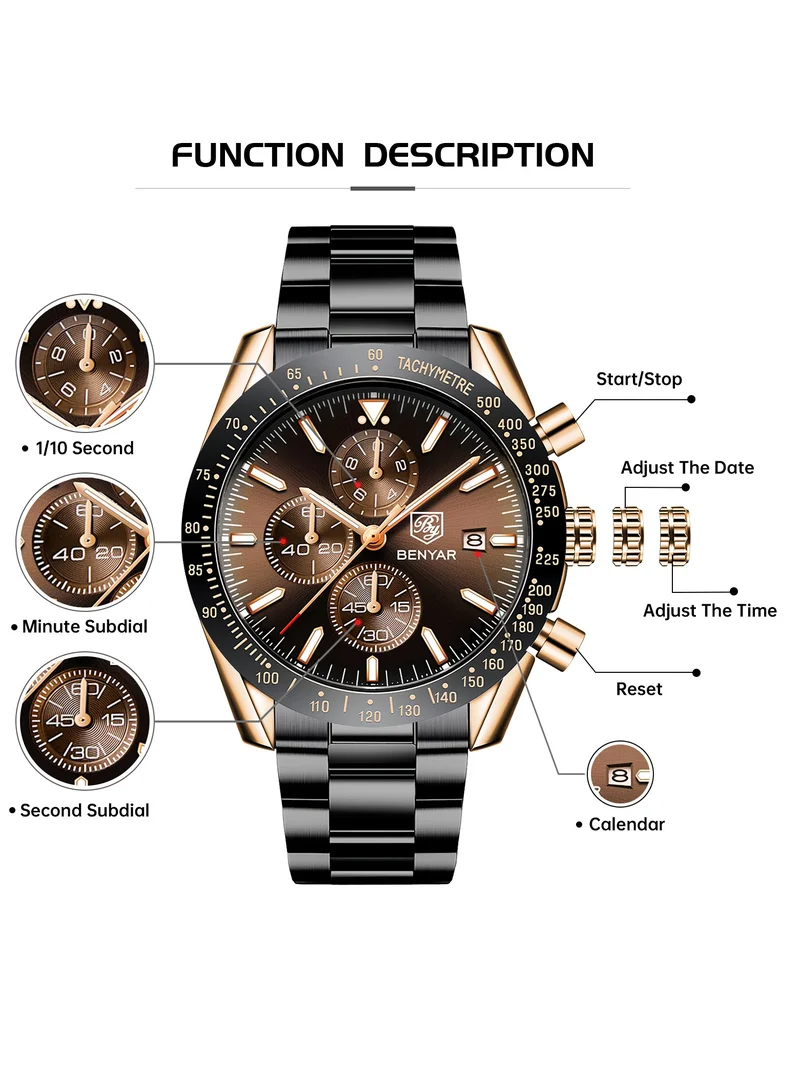 BENYAR  BY BENYAR Mens Watches Analog Quartz Chronograph Waterproof Watch for Men Business Work Sport Casual Classic Stainless Steel Dress Men's Wrist Watches Elegant Gifts for Men BY5140  | Best Price UAE