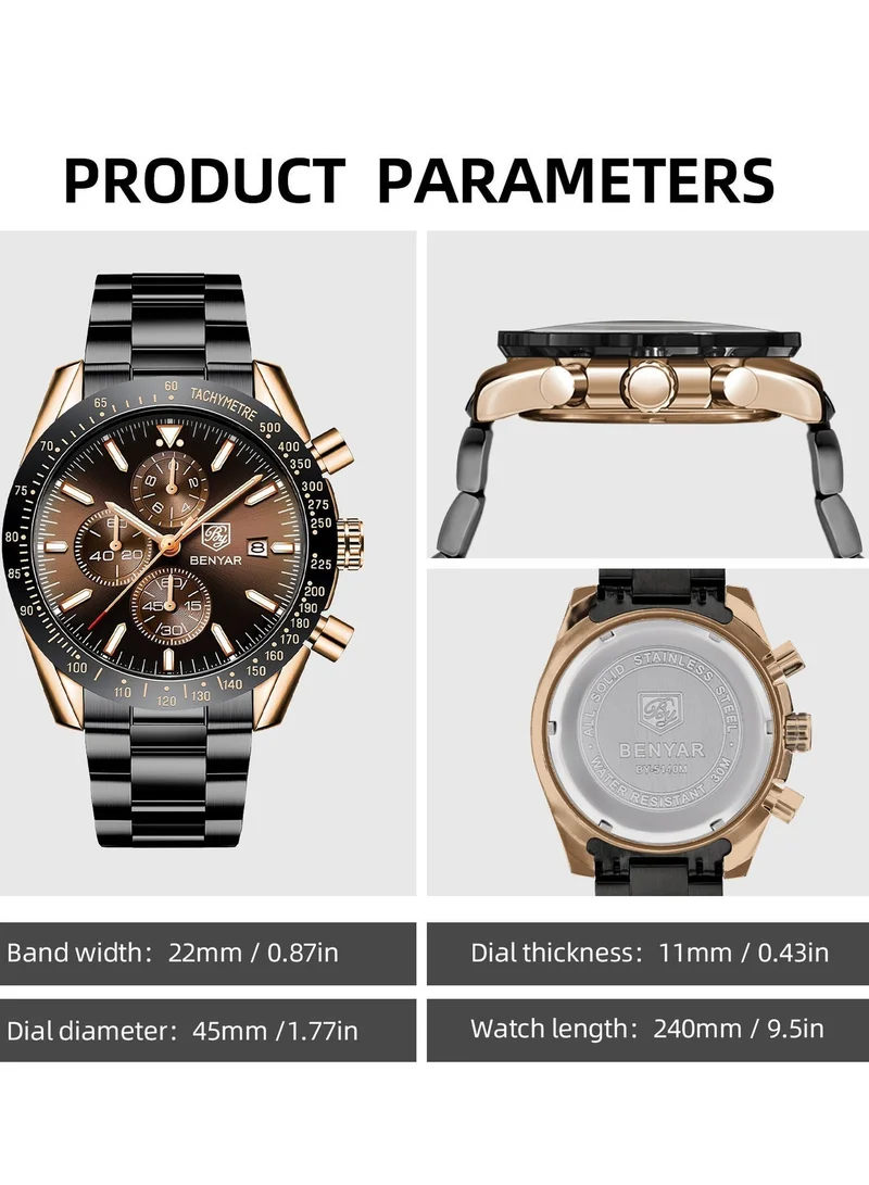 Benyar  BY BENYAR Mens Watches Analog Quartz Chronograph Waterproof Watch for Men Business Work Sport Casual Classic Stainless Steel Dress Men's Wrist Watches Elegant Gifts for Men BY5140 for Men | Best Price UAE