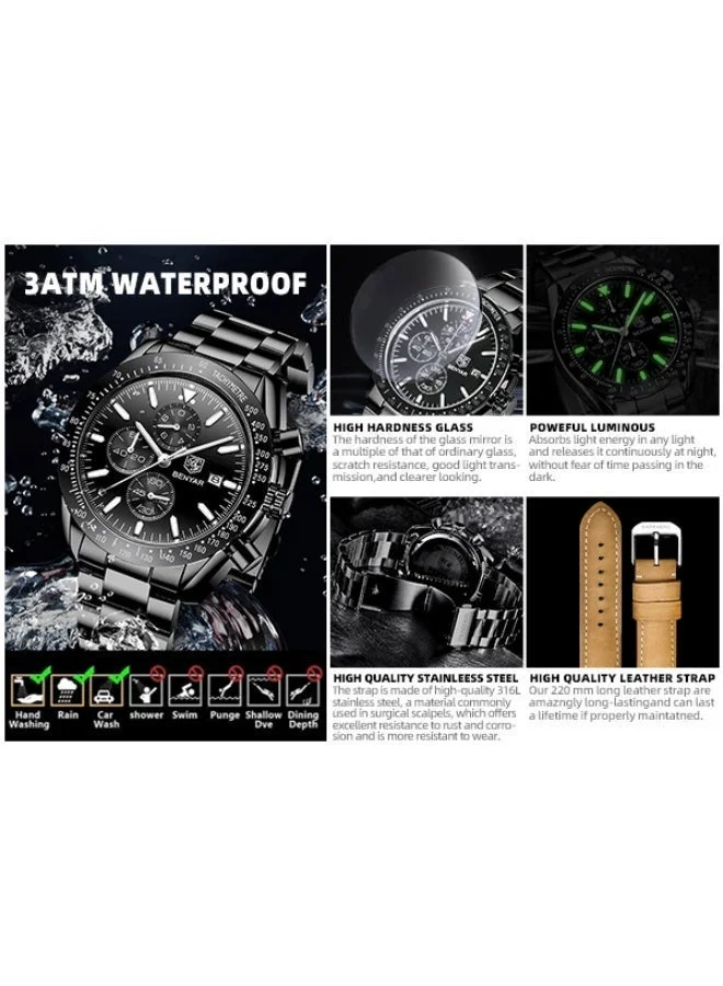 Benyar  BY BENYAR Mens Watches Analog Quartz Chronograph Waterproof Watch for Men Business Work Sport Casual Classic Stainless Steel Dress Men's Wrist Watches Elegant Gifts for Men BY5140 for Men | Best Price UAE