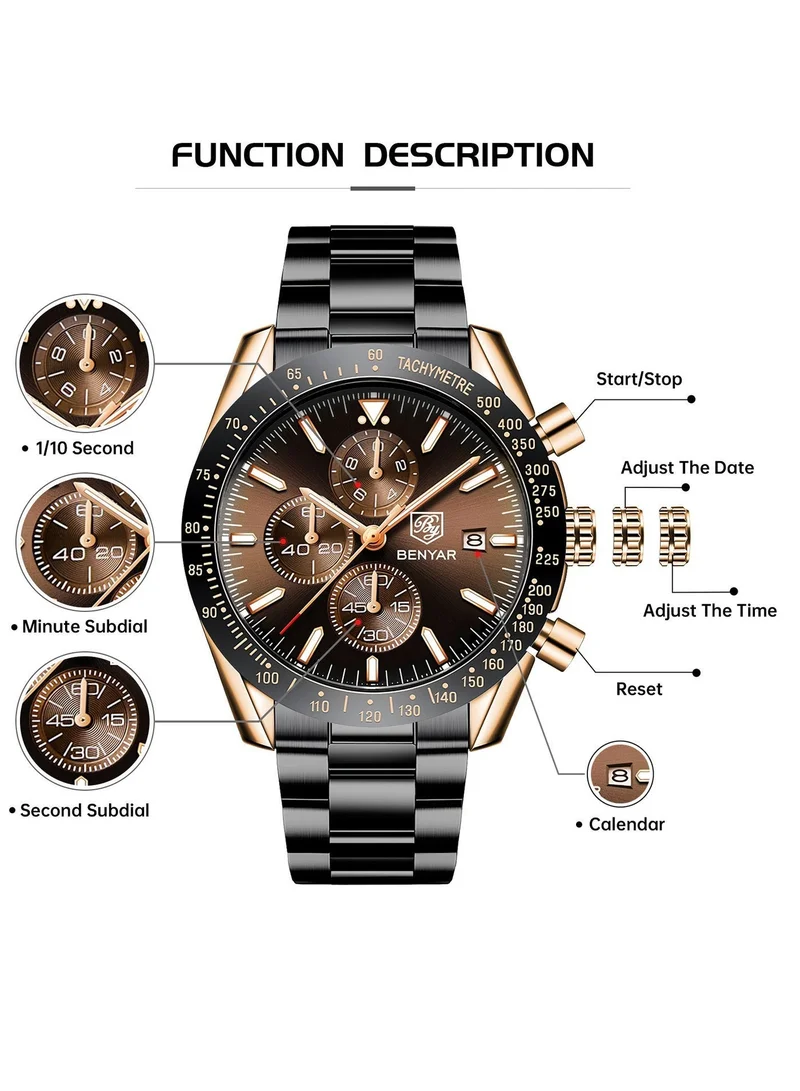 Benyar  BY BENYAR Mens Watches Analog Quartz Chronograph Waterproof Watch for Men Business Work Sport Casual Classic Stainless Steel Dress Men's Wrist Watches Elegant Gifts for Men BY5140 for Men | Best Price UAE