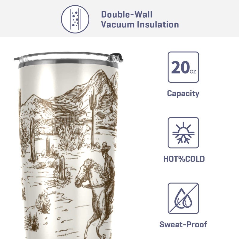 XIGUA xigua 20oz Western Desert Cowboy Tumbler with Lid Stainless Steel Vacuum Insulated Coffee Ice Cup Double Wall Travel Flask  - Image 4