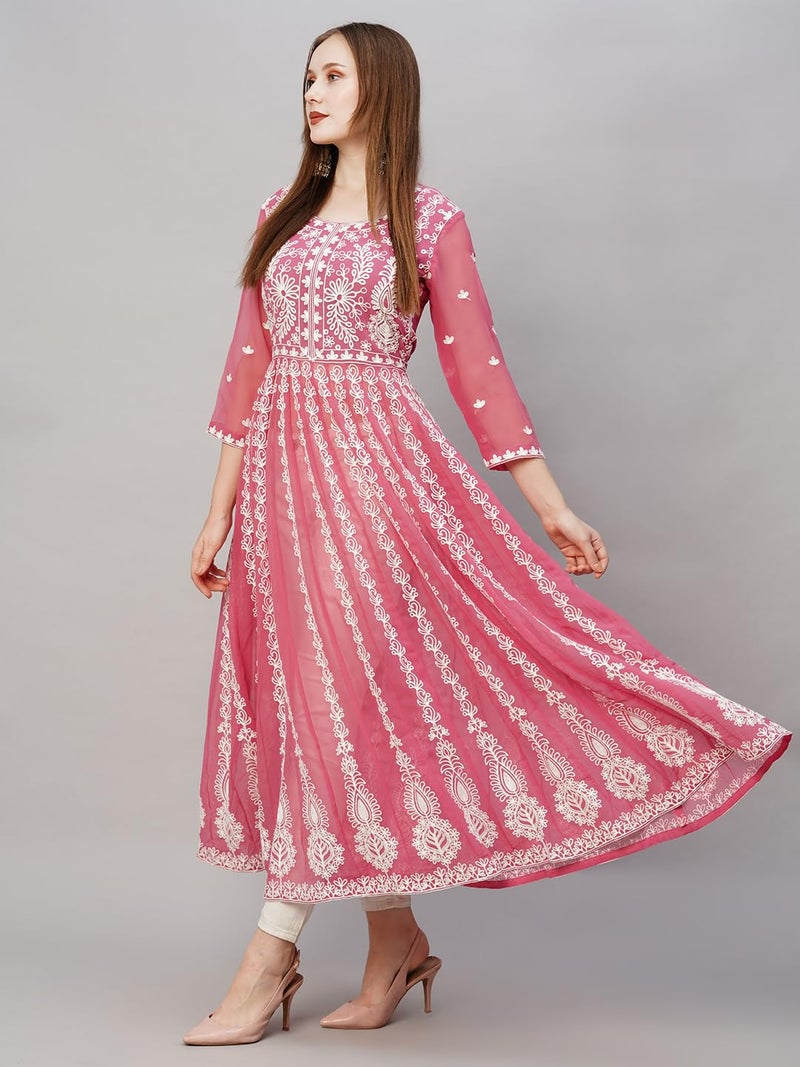 ANNI DESIGNER Women's Georgette Chikankari Embroidered Anarkali Kurti (Kari Wine-GRT_S_Wine_Small) - Image 3