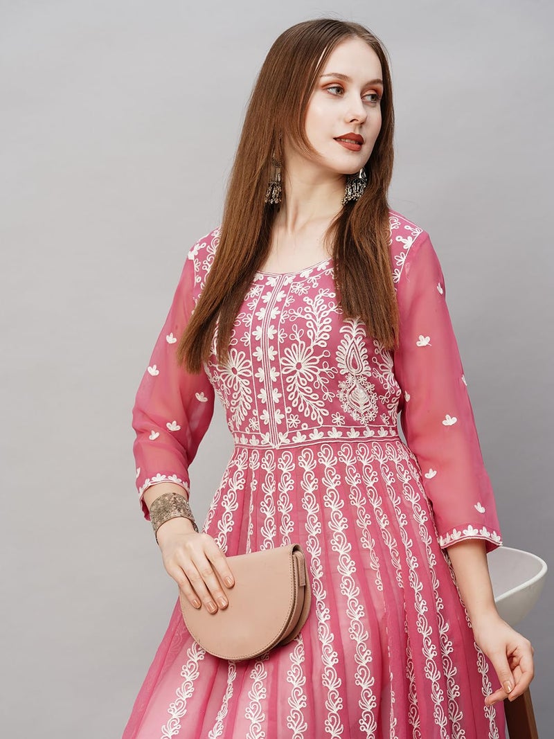 ANNI DESIGNER Women's Georgette Chikankari Embroidered Anarkali Kurti (Kari Wine-GRT_S_Wine_Small) - Image 5