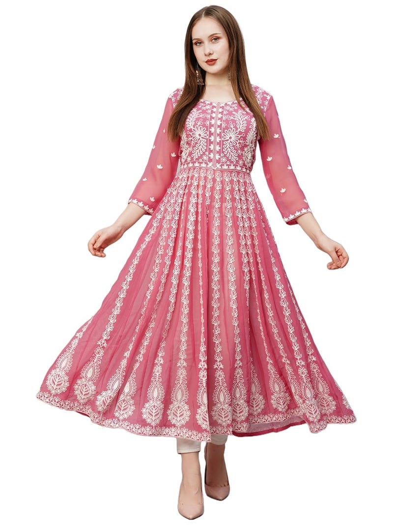 ANNI DESIGNER Women's Georgette Chikankari Embroidered Anarkali Kurti (Kari Wine-GRT_S_Wine_Small) - Image 1