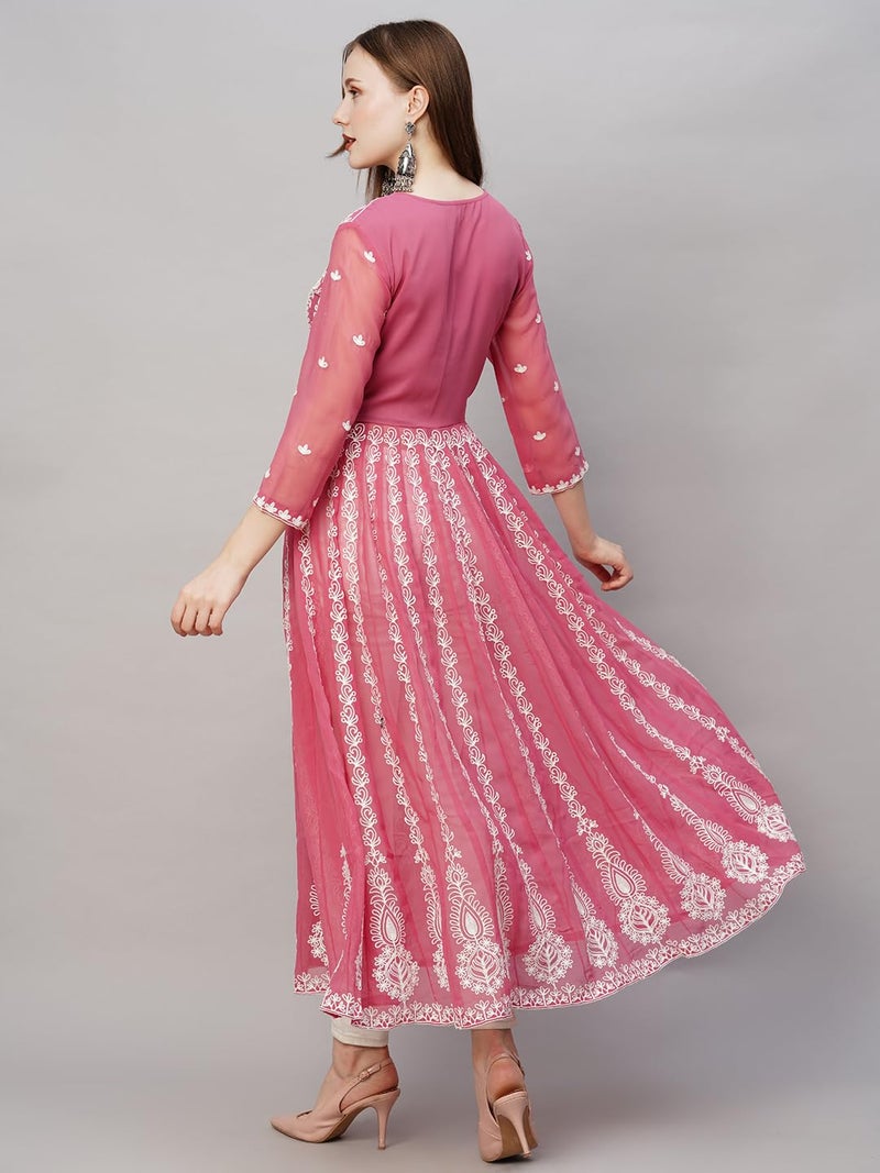 ANNI DESIGNER Women's Georgette Chikankari Embroidered Anarkali Kurti (Kari Wine-GRT_S_Wine_Small) - Image 2