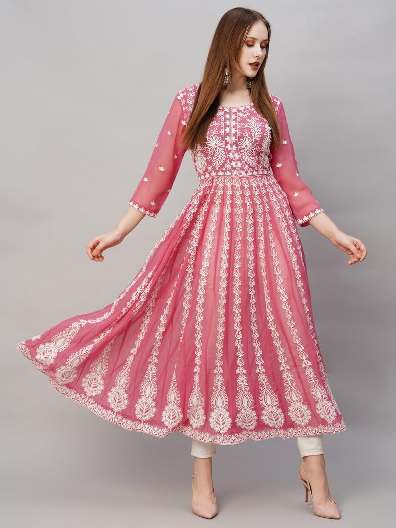 ANNI DESIGNER Women's Georgette Chikankari Embroidered Anarkali Kurti (Kari Wine-GRT_S_Wine_Small) - Image 4