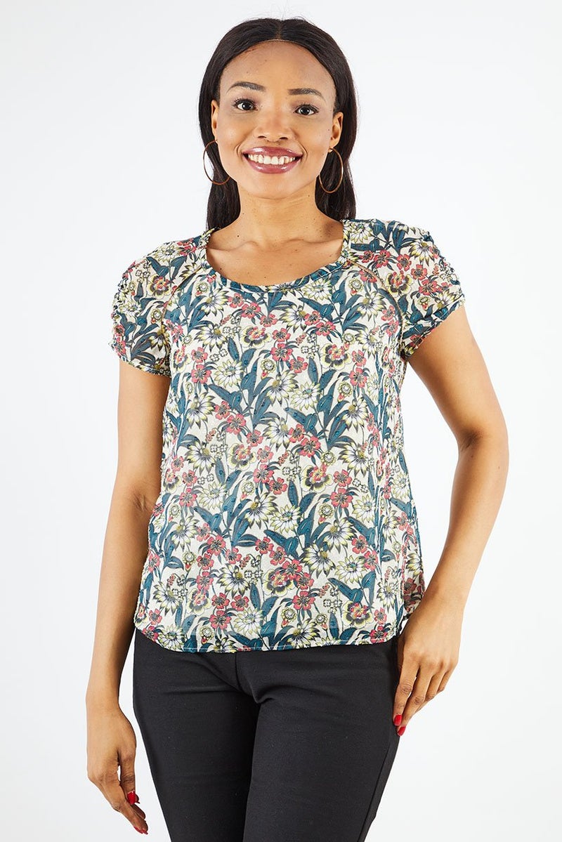 One Step Women Round Neck Short Sleeve Allover Print Top, Off White - Image 1