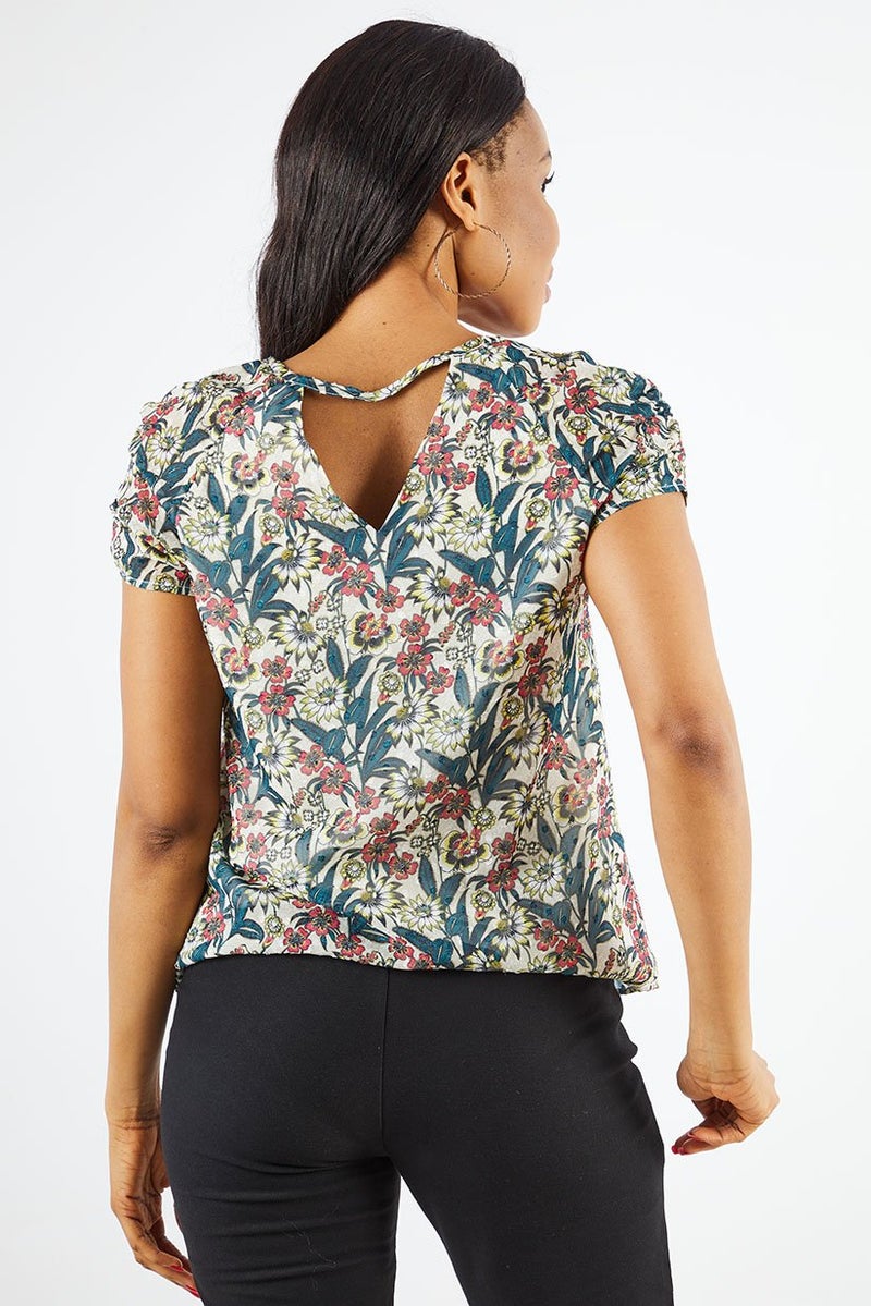 One Step Women Round Neck Short Sleeve Allover Print Top, Off White - Image 3