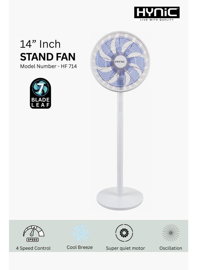 Hynic 14-Inch Stand Fan with 7-Blade Leaf Technology | 4-Speed Control | Oscillating Pedestal Fan with Super-Silent Motor | Safety Thermal Fuse - Image 4