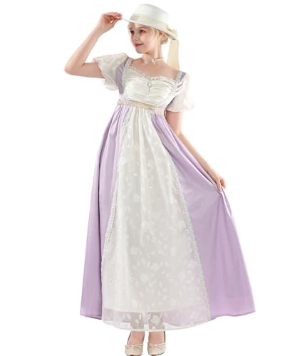 FCCAM FCCAM FCCAM Regency Dress for Women Empire Waist Regency Era Dress Puff Sleeve Victorian Ball Gown Light Purple L - Image 4