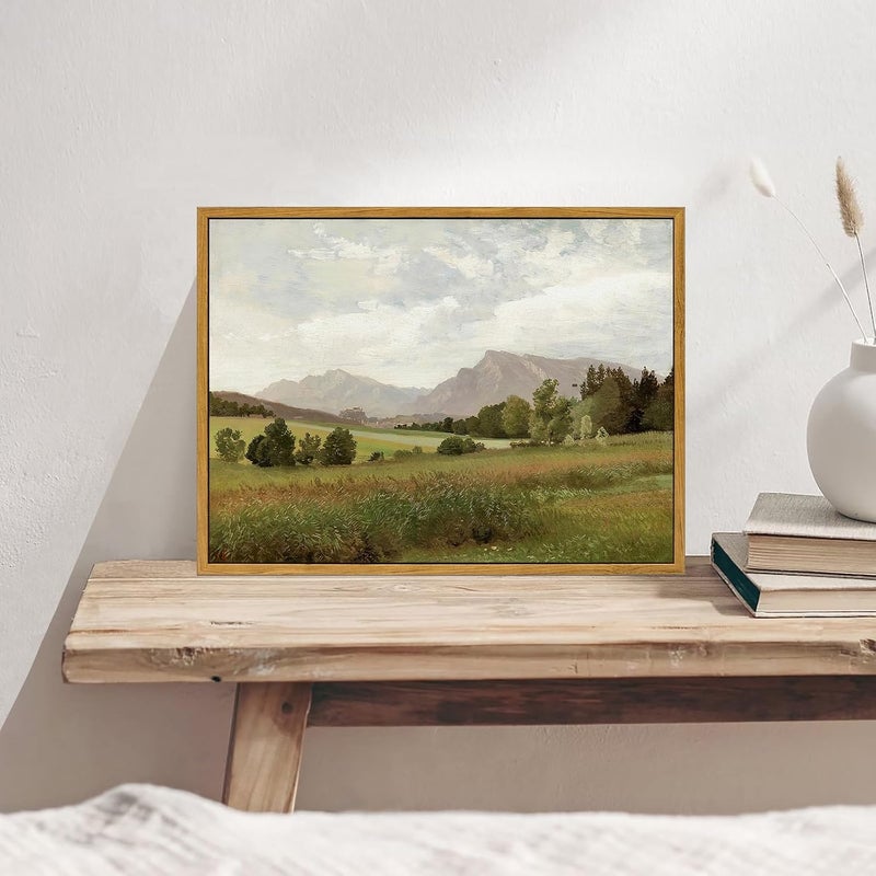KBKBART Framed Vintage Landscape Wall Art Prints, Retro Muted Green Forest Valley Nature Wilderness Canvas Painting, Farmhouse Decor Wall Art for Bedroom, Bathroom,Vintage Wall Decor(12"x16") - Image 5