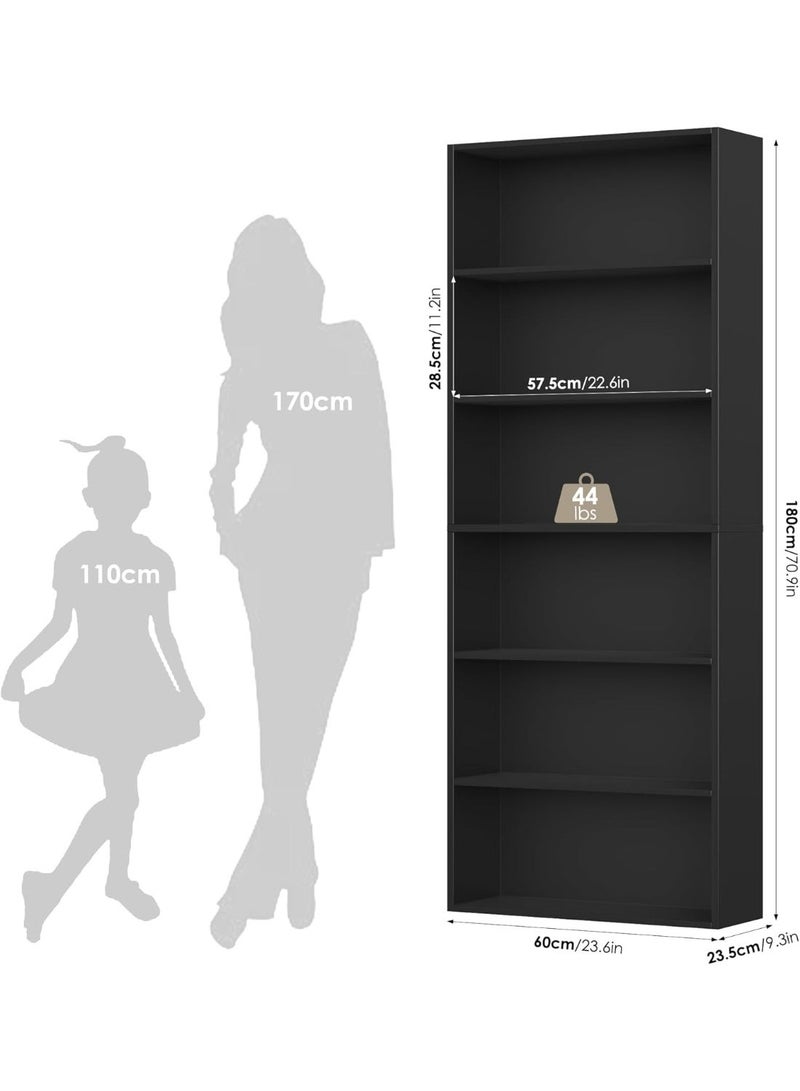Wonder Store 6-Tier Wooden Bookcase, Freestanding Storage Shelf with 6 Compartments for Living Room, Office, Bedroom & Study, Scandinavian Style – Black, 180 x 60 x 23.5 cm - Image 2