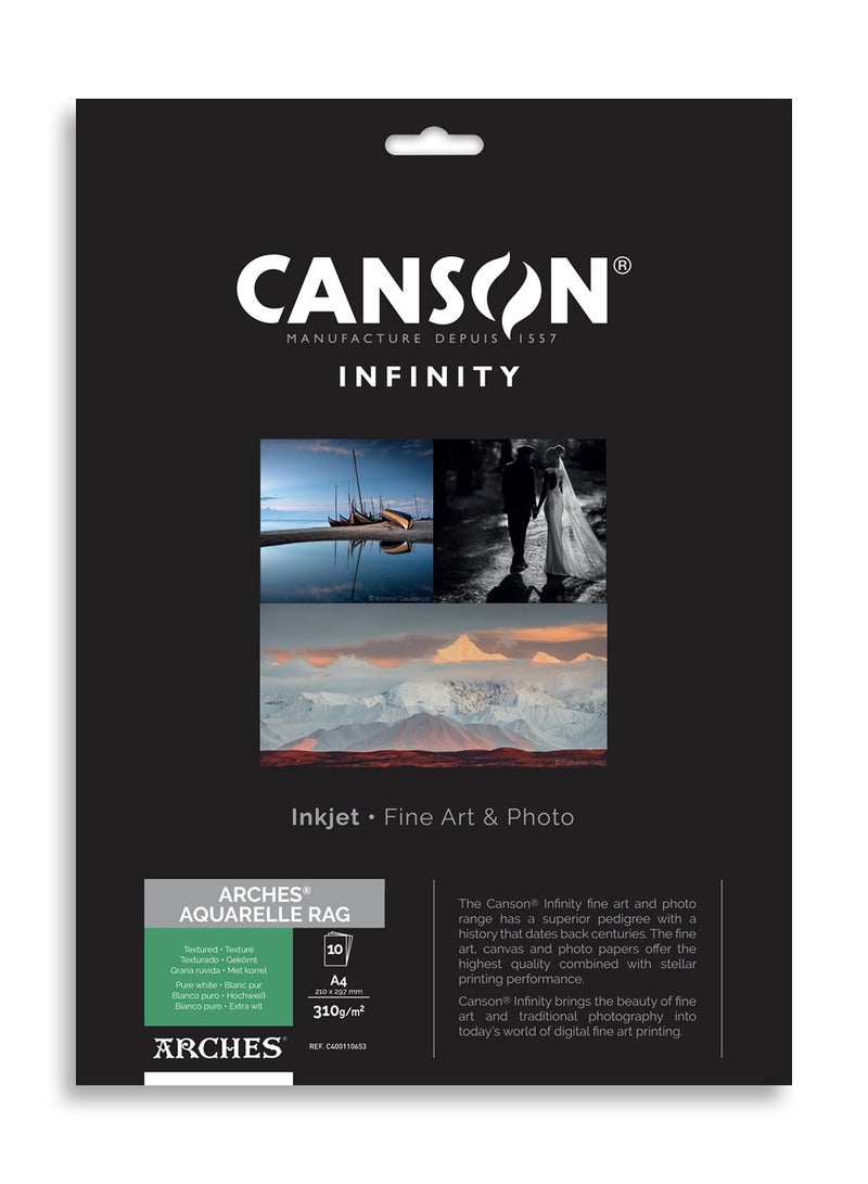 CANSON Infinity Arches Aquarelle Rag Pure White Textured A4 10 Sheets - Image 1