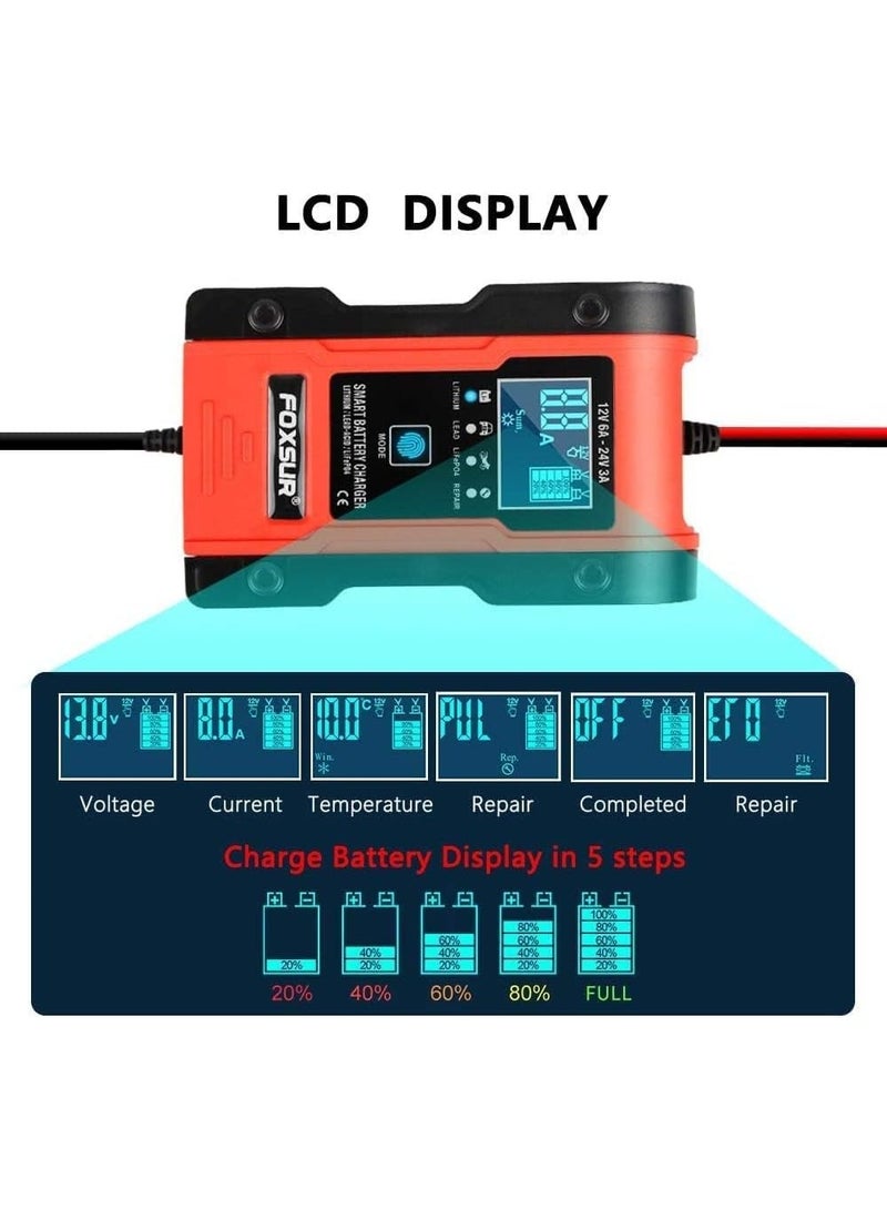 أكلو سيارة شاحن بطارية 12V 24V 7 قسم شحن ذكي التلقائي بالكامل بطارية ليثيوم الرصاص الحمضية ليثيوم الحديد الفوسفات شاحن صيانة الجهاز - Image 4