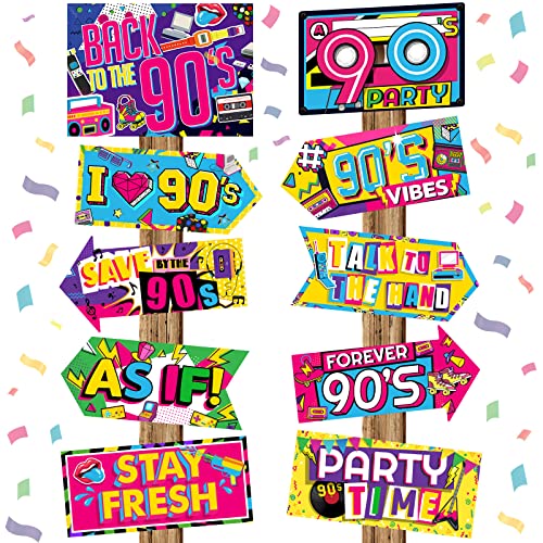 Chinco 20 Pieces 90s Party Sign 90s Posters Funny Photo Booth Props Arrow Memorabilia Colorful Party Decorations Throwback Phrase Cutouts Wall Decor for classic Themed Supplies, 10 Styles - Image 1