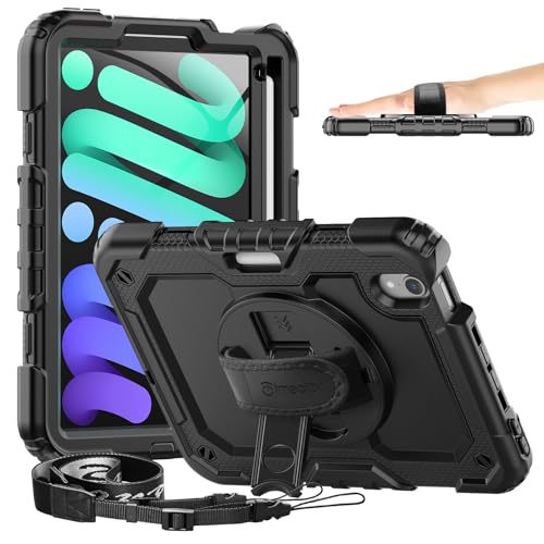 Timecity Case for iPad mini 7 (A17 Pro) 8.3 inch 2024, for iPad mini 6, Protective Case with Screen Protector, Pencil Holder, Rotating Stand & Handle Strap for iPad mini 7th/6th Generation - Black - Image 1