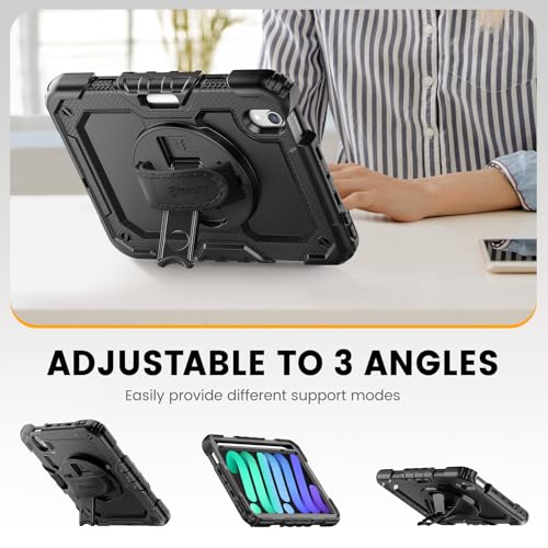 Timecity Case for iPad mini 7 (A17 Pro) 8.3 inch 2024, for iPad mini 6, Protective Case with Screen Protector, Pencil Holder, Rotating Stand & Handle Strap for iPad mini 7th/6th Generation - Black - Image 4
