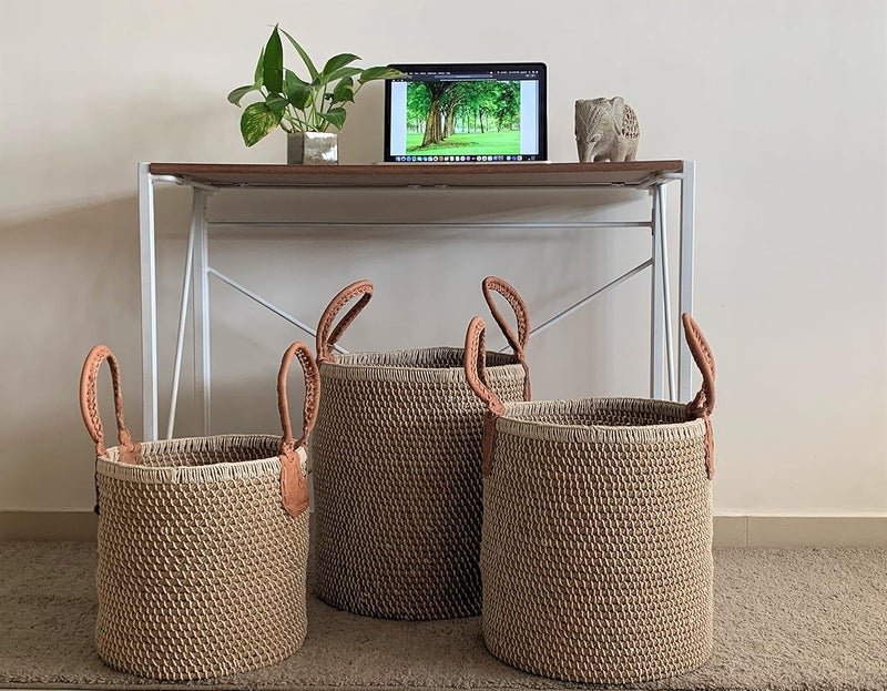 India Craft Art Handcrafted Natural Jute Beige/Brown Bohemian Laundry Multipurpose Toys/Books/Clothes/Utility Sturdy Spacious Storage Basket Medium Size- 13 X 13 X 14 Inches  - Image 3