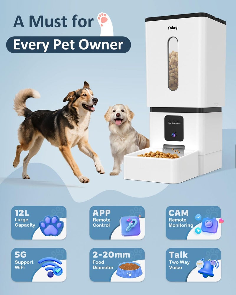 Yakry Automatic Dog Feeder Large Breed with Camera - 12L/50 Cups 5G WiFi App Control Dog Food Dispenser, Easy Setup, HD 1080P Video with Night Vision by Yakry - Image 3