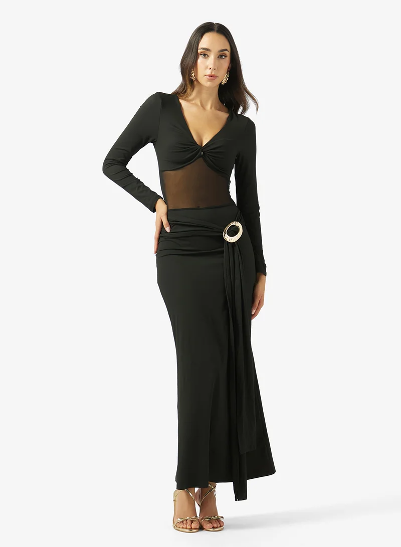 Ginger Plunge Neck Bodycon Dress with Golden Accent
