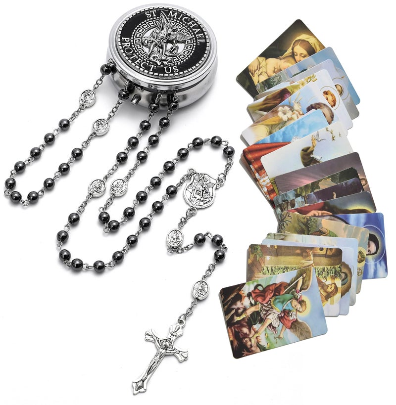 SZQCZB Catholic Rosary for Men with Case and 18PCS Payer Cards, Hematite Stone Beads and St Michael the Archangel Medal, First Communion Gifts for Boy - Faith Jewelry for Prayer & Spiritual Gifts - Image 1