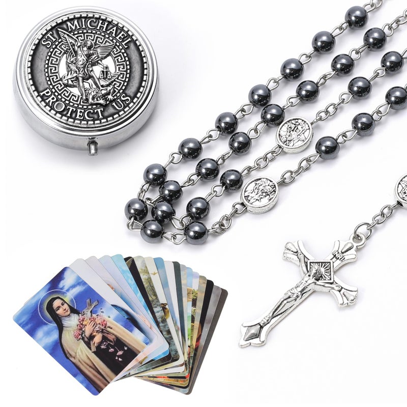 SZQCZB Catholic Rosary for Men with Case and 18PCS Payer Cards, Hematite Stone Beads and St Michael the Archangel Medal, First Communion Gifts for Boy - Faith Jewelry for Prayer & Spiritual Gifts - Image 4