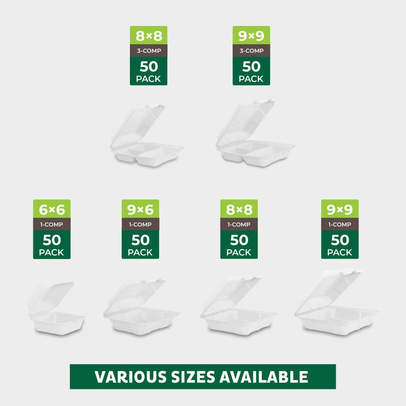 Freshware Compostable Clamshell Food Containers [8x8"] 3-Compartment 50-Pack, Disposable Containers, Biodegradable Sugarcane to Go Boxes - Paper Food Containers - Microwave & Freezer Safe, Stackable - Image 4