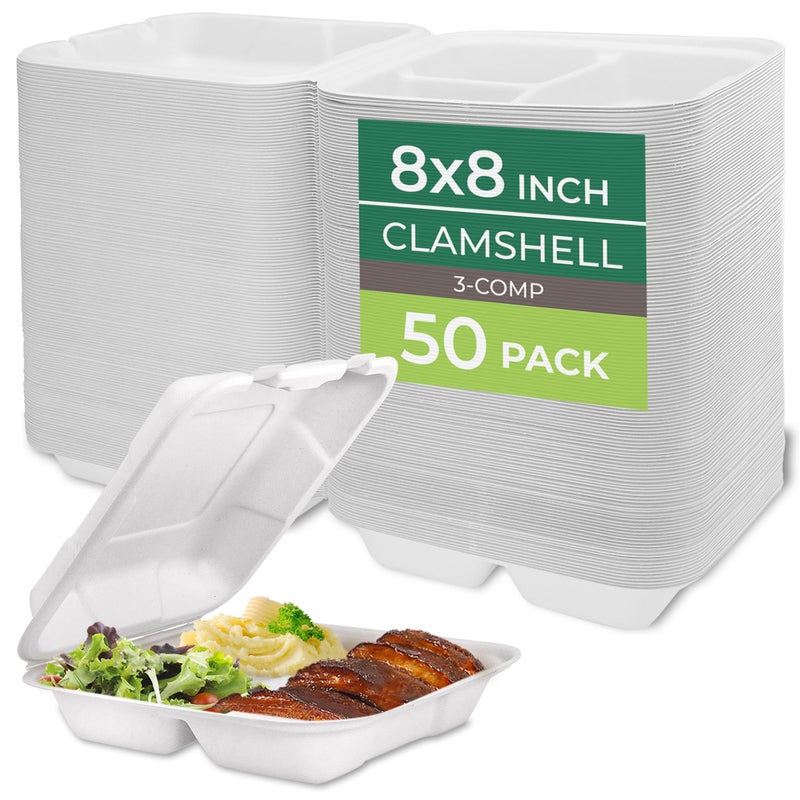 Freshware Compostable Clamshell Food Containers [8x8"] 3-Compartment 50-Pack, Disposable Containers, Biodegradable Sugarcane to Go Boxes - Paper Food Containers - Microwave & Freezer Safe, Stackable - Image 1