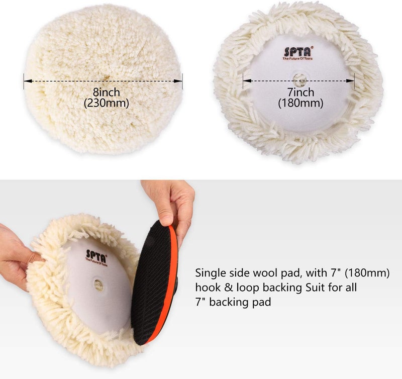 SPTA Wool Polishing Pads, 8"(200mm) 100% Natural Wool Buffing Pad with Hook & Loop Backing 4pcs Set Come with 5/8-11 Thread Backing Plate for Car Polishing, Buffing and Cutting - Image 2