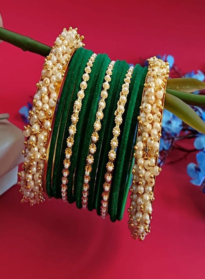 Efulgenz Velvet Bangles For Women Indian Jewelry Faux Pearl Bangles Bracelet Velvet Bangles Wedding Bridal Indian Jewelry Sets For Women - Image 2