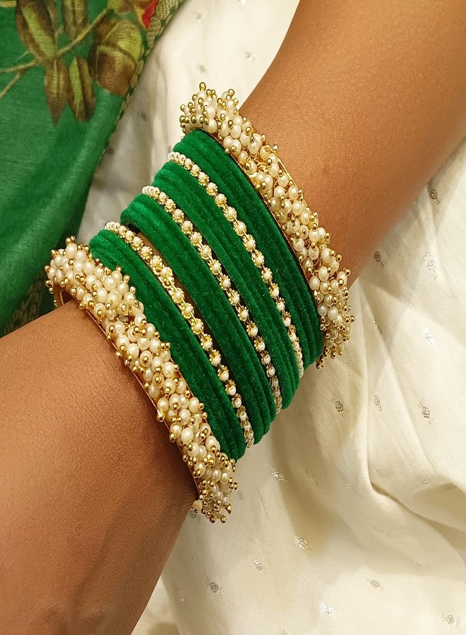 Efulgenz Velvet Bangles For Women Indian Jewelry Faux Pearl Bangles Bracelet Velvet Bangles Wedding Bridal Indian Jewelry Sets For Women - Image 4