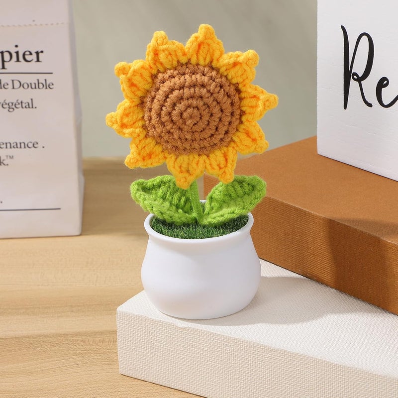 Handmade Crochet Sunflower Potted Plant, Knitted Sunflower Bouquet in White Pot, Woven Artificial Flower Decoration for Car Dashboard and Home Office - Image 4