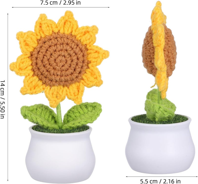 Handmade Crochet Sunflower Potted Plant, Knitted Sunflower Bouquet in White Pot, Woven Artificial Flower Decoration for Car Dashboard and Home Office - Image 2