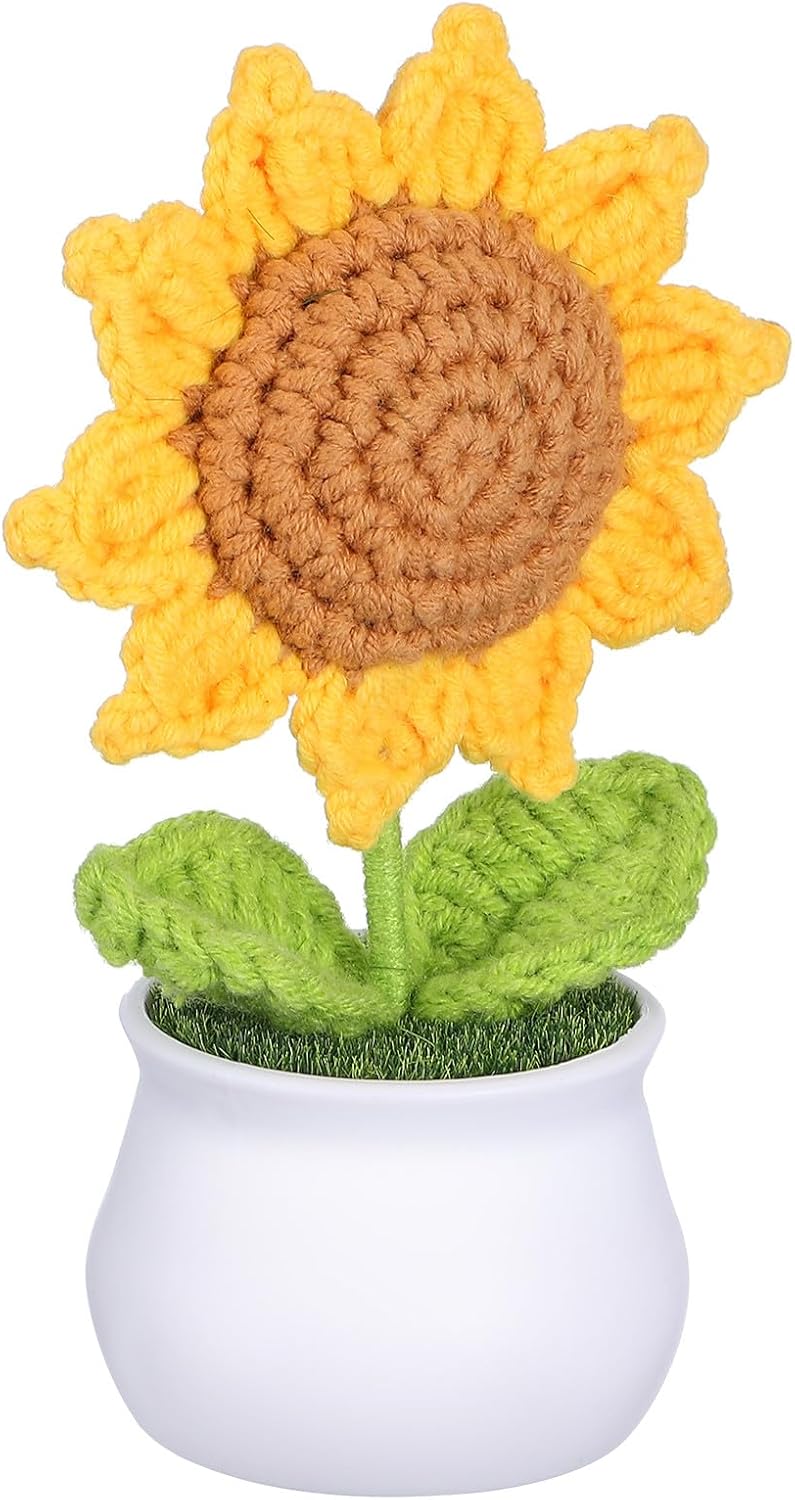 Handmade Crochet Sunflower Potted Plant, Knitted Sunflower Bouquet in White Pot, Woven Artificial Flower Decoration for Car Dashboard and Home Office - Image 1