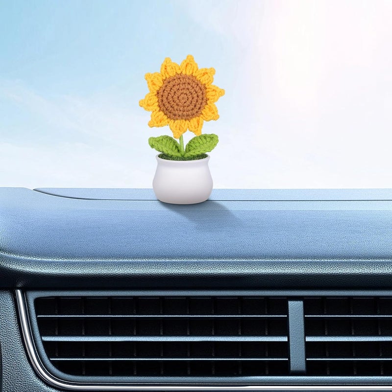 Handmade Crochet Sunflower Potted Plant, Knitted Sunflower Bouquet in White Pot, Woven Artificial Flower Decoration for Car Dashboard and Home Office - Image 5
