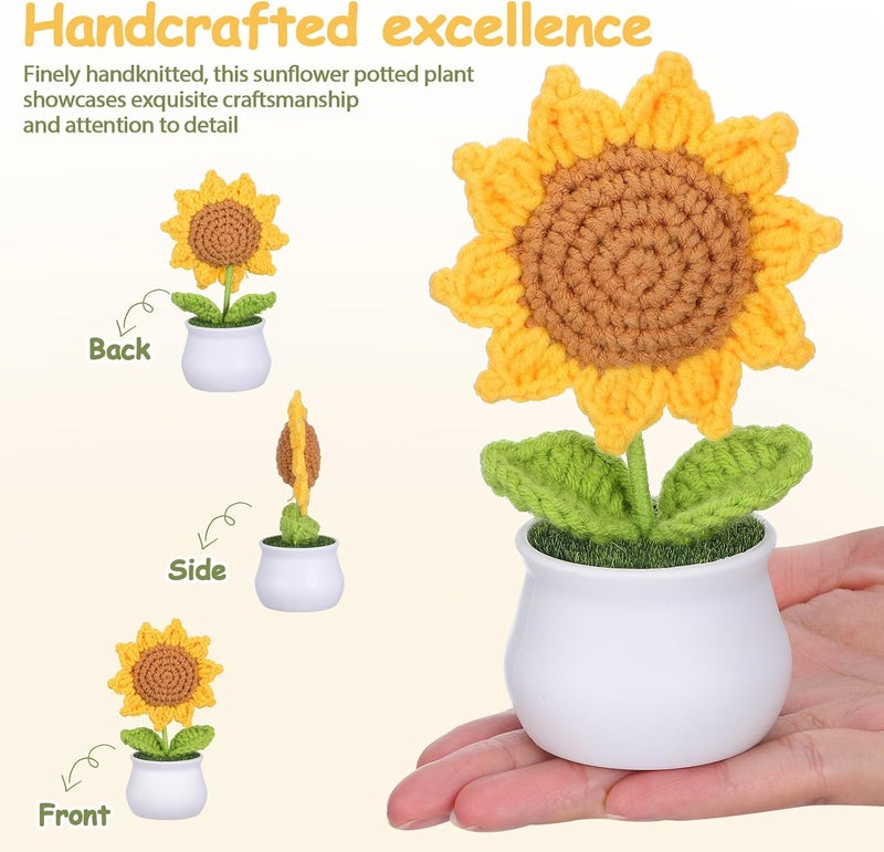 Handmade Crochet Sunflower Potted Plant, Knitted Sunflower Bouquet in White Pot, Woven Artificial Flower Decoration for Car Dashboard and Home Office - Image 3