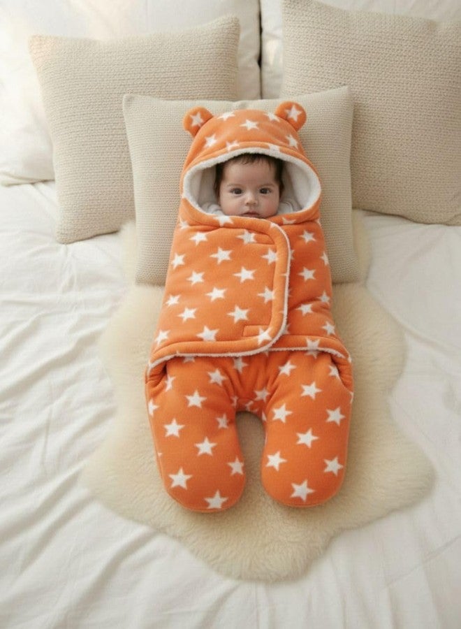 NAMAN Newborn Plush Swaddle, Hodded Blanket, Sleeping Bag, Warm and Soft Swaddle Wrap for Baby boy and Baby Girl-Orange_Star - Image 3