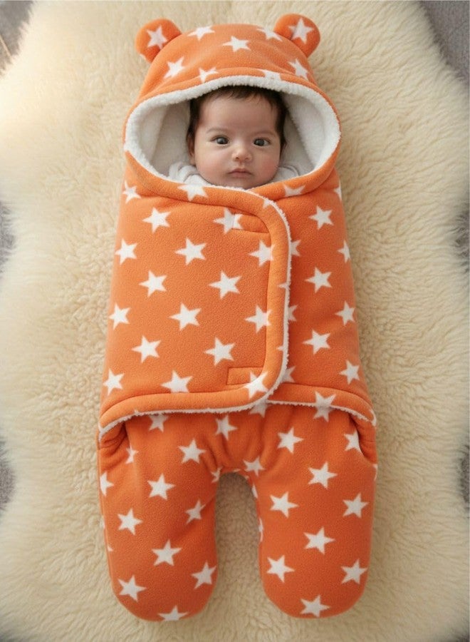 NAMAN Newborn Plush Swaddle, Hodded Blanket, Sleeping Bag, Warm and Soft Swaddle Wrap for Baby boy and Baby Girl-Orange_Star - Image 2