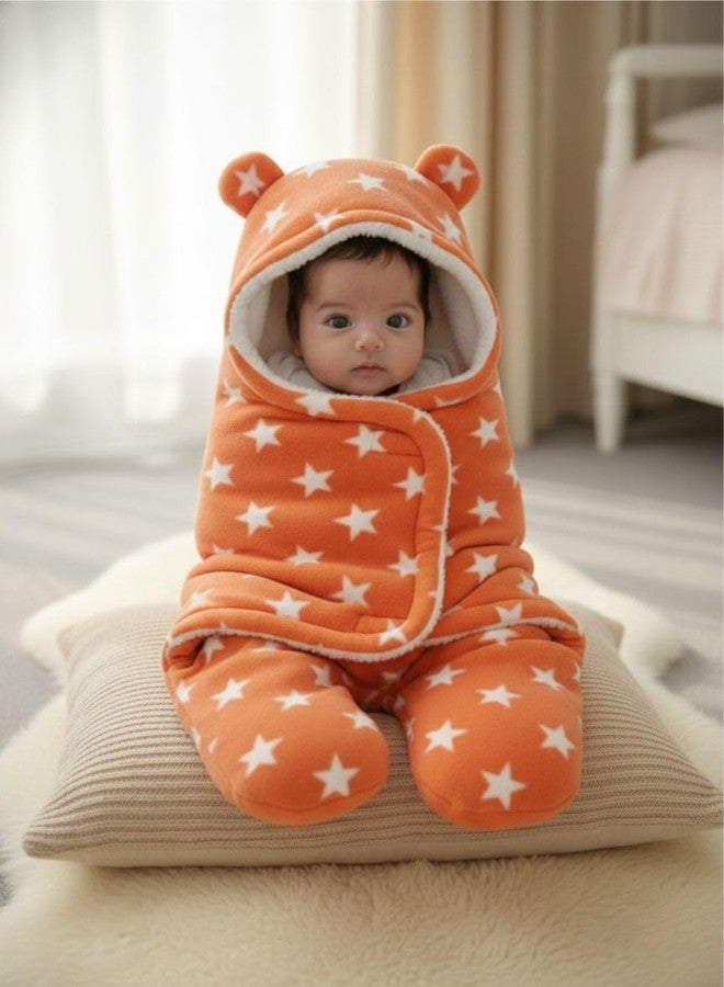 NAMAN Newborn Plush Swaddle, Hodded Blanket, Sleeping Bag, Warm and Soft Swaddle Wrap for Baby boy and Baby Girl-Orange_Star - Image 5