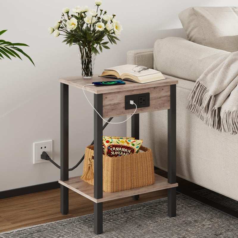 VIMBER Side Table with Charging Station, Set of 2 End Tables with USB Port and Outlets, Nightstands with 2-Tier Storage Shelves, Sofa Table for Small Space, Living Room, Bedroom Black 102B2 - Image 3