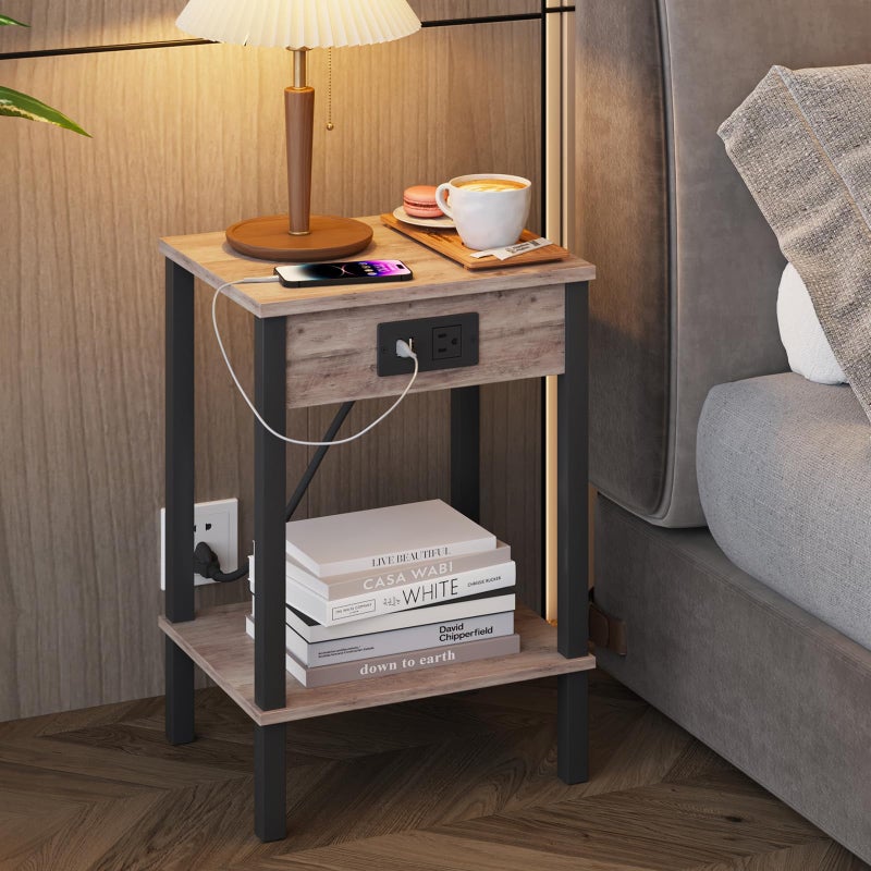 VIMBER Side Table with Charging Station, Set of 2 End Tables with USB Port and Outlets, Nightstands with 2-Tier Storage Shelves, Sofa Table for Small Space, Living Room, Bedroom Black 102B2 - Image 2