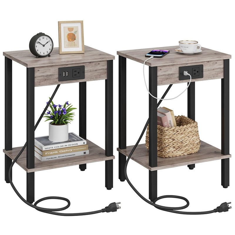 VIMBER Side Table with Charging Station, Set of 2 End Tables with USB Port and Outlets, Nightstands with 2-Tier Storage Shelves, Sofa Table for Small Space, Living Room, Bedroom Black 102B2 - Image 1