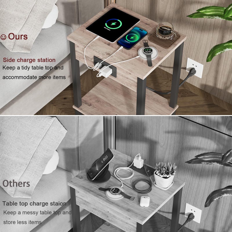 VIMBER Side Table with Charging Station, Set of 2 End Tables with USB Port and Outlets, Nightstands with 2-Tier Storage Shelves, Sofa Table for Small Space, Living Room, Bedroom Black 102B2 - Image 5