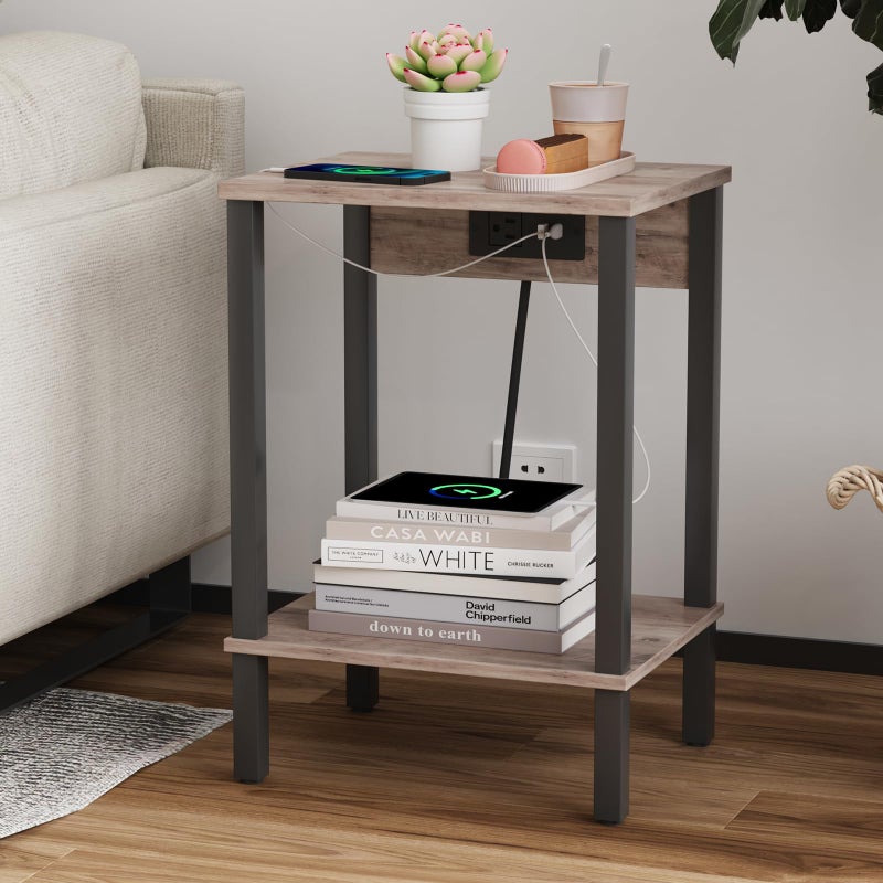 VIMBER Side Table with Charging Station, Set of 2 End Tables with USB Port and Outlets, Nightstands with 2-Tier Storage Shelves, Sofa Table for Small Space, Living Room, Bedroom Black 102B2 - Image 4