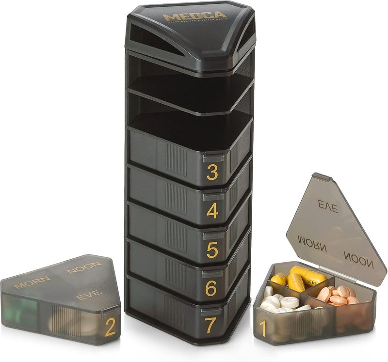 MEDca Moisture Proof Weekly Stackable Pill Organizer - BPA Free, Weekly Pill Box Case with 3 Daily Compartments - Black Pill Box to Store Pills, Vitamins, Supplements - Image 1