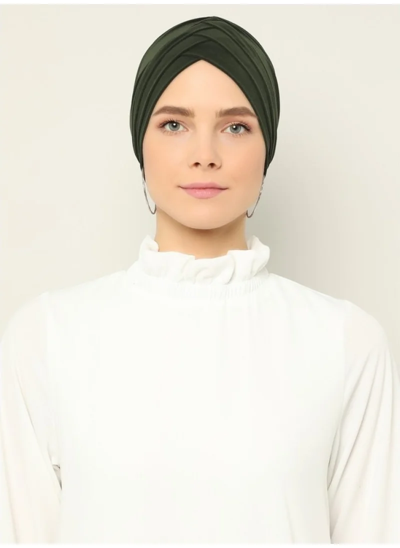 Naciye Sultan Hijab Crossed Sea Bonnet Three-Banded Ready Turban Khaki