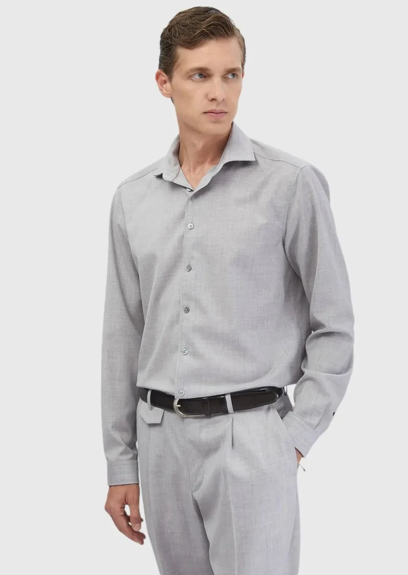 RAMSEY Light Grey Plain Regular Fit Weaving Classical 100% Wool Shirt