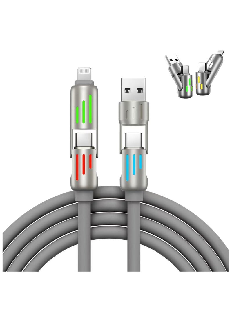 RUKYU - 240W Colorful Breathing Light 4-in-1 Super Fast Charging Cable, 4 in 1 Car Charging Cable, USB C Cable with Breathing, Silicone Cable, Bold, Bending Resistance, Metal Ports, Suitable for Huawei Fast Charging Apple Phones (Gray, 1.2m) - Image 1