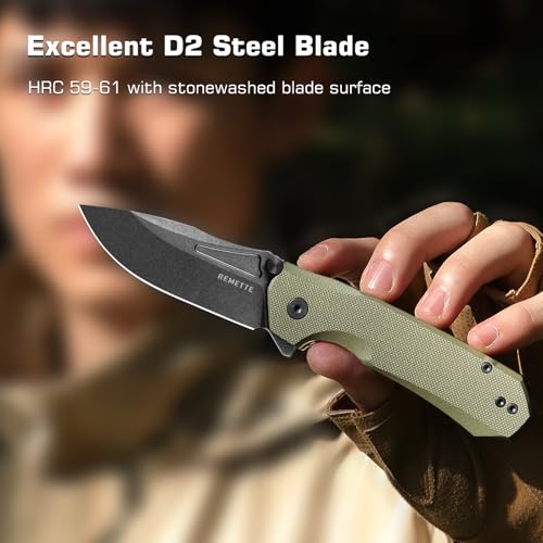 REMETTE EDC Pocket Knife Rhino,3" D2 Steel Blade Durable G10 Handle, Folding Pocket Knives with Reversible Pocket Clip, Sharp Camping Hiking Pocket Knife for Men - Image 2